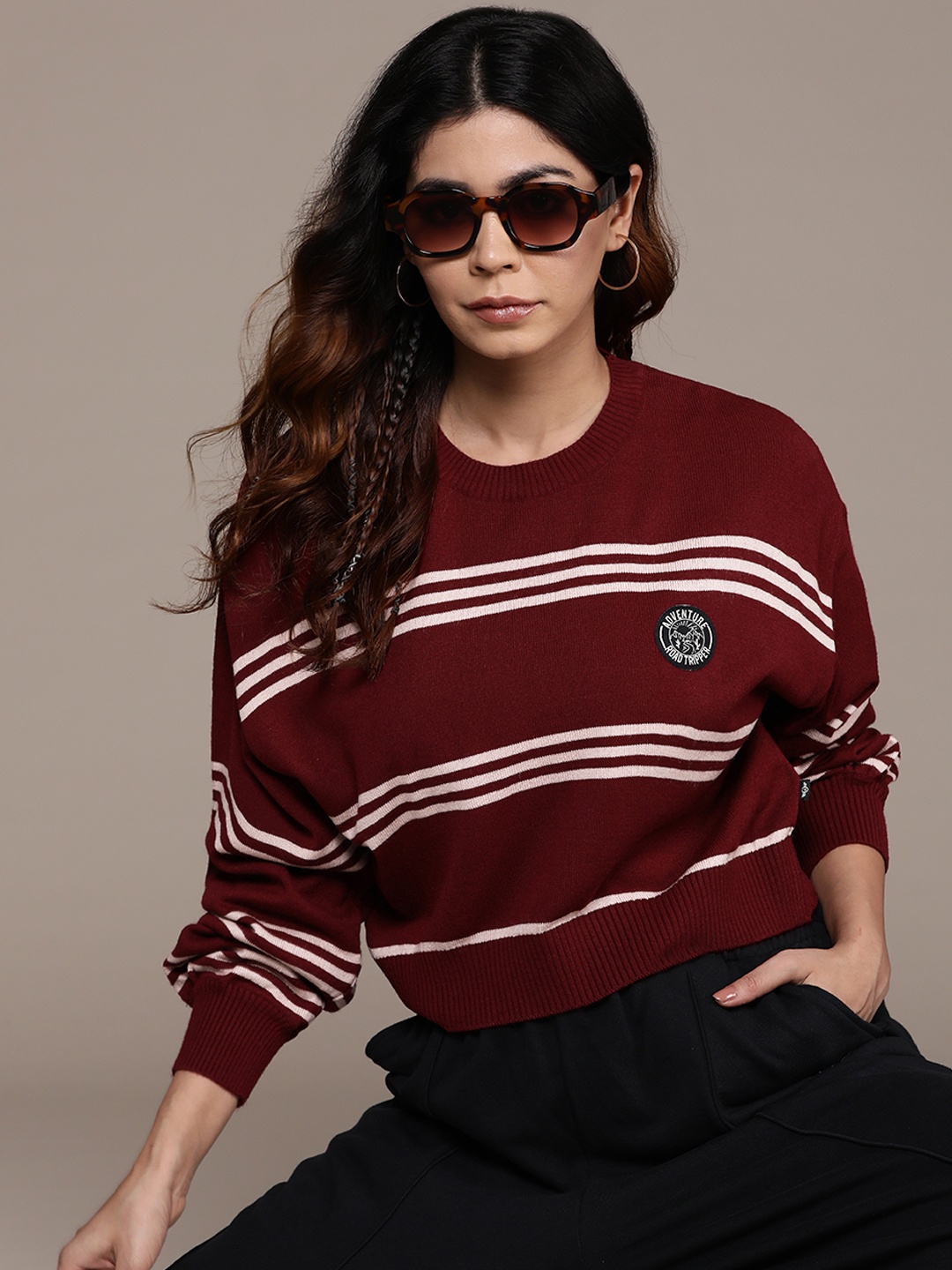 

The Roadster Lifestyle Co. Drop-Shoulder Sleeves Striped Pullover, Maroon