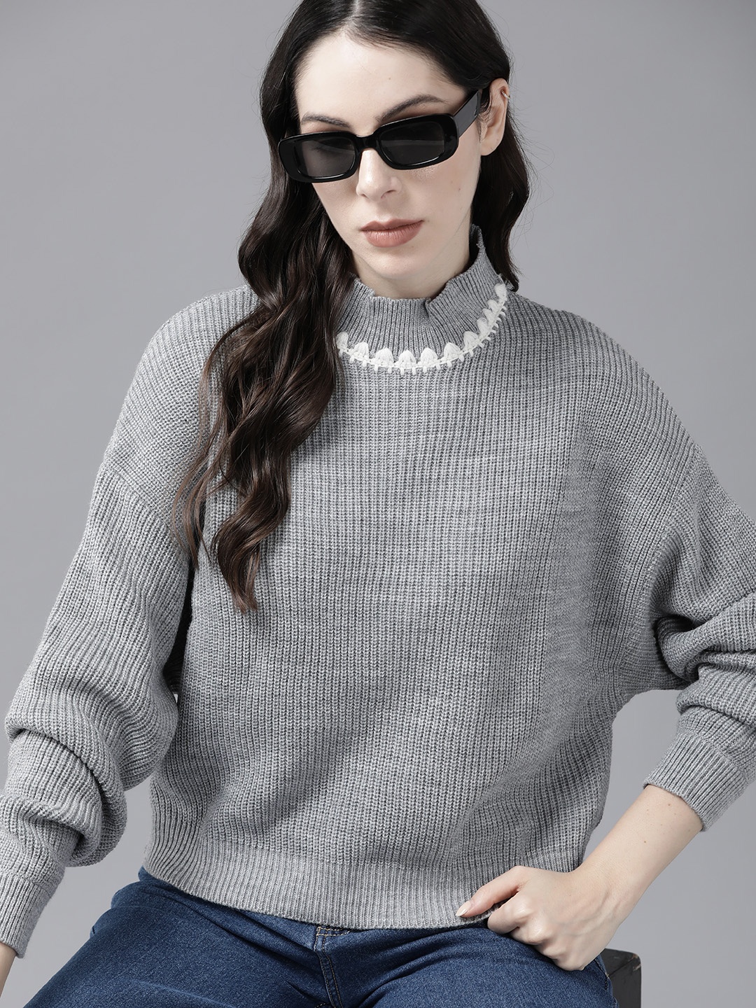 

The Roadster Lifestyle Co. Drop-Shoulder Knitted Pullover with Embroidered Detail, Grey