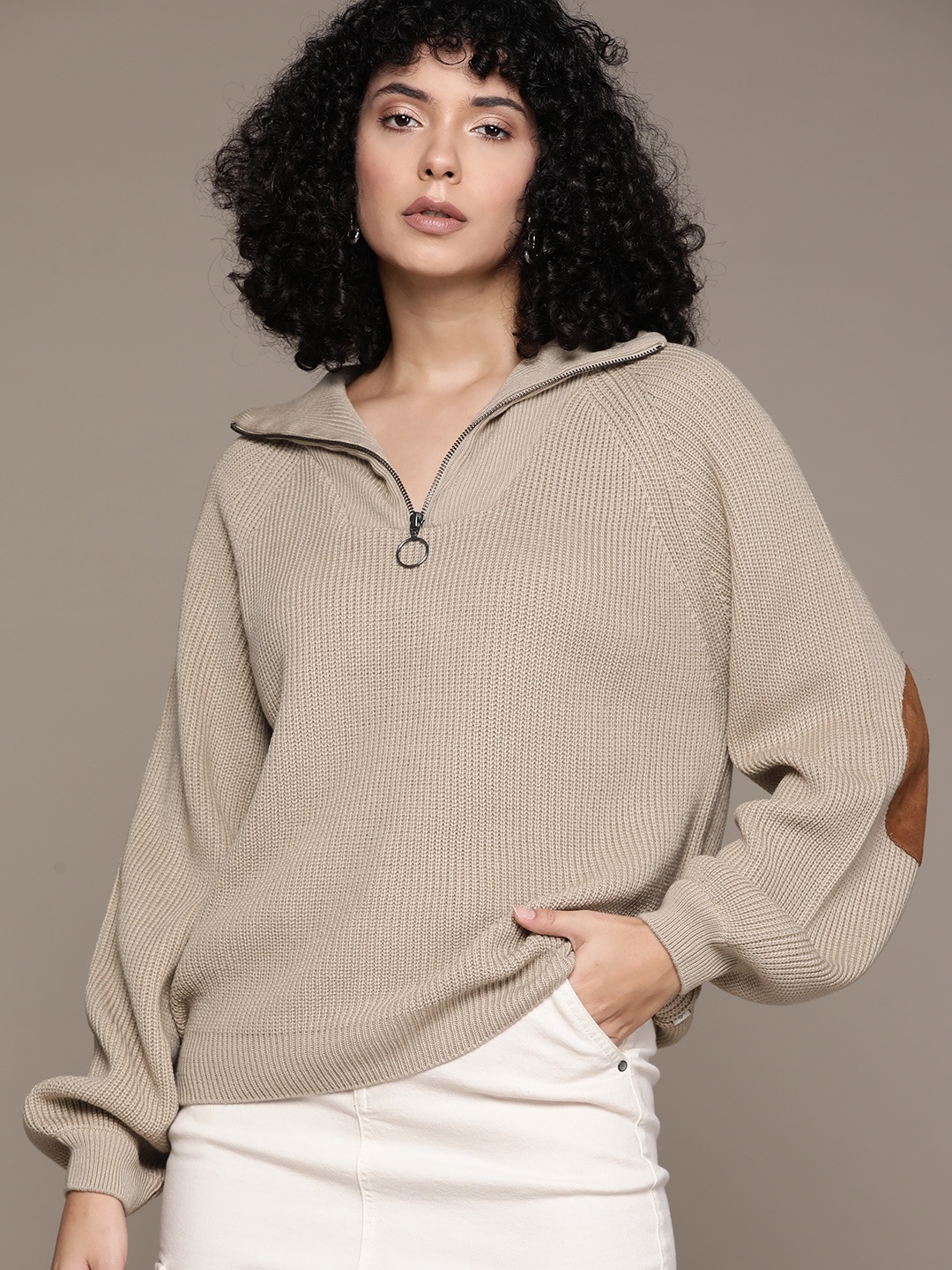 

The Roadster Lifestyle Co. Acrylic Ribbed High-Neck Boxy Pullover, Beige