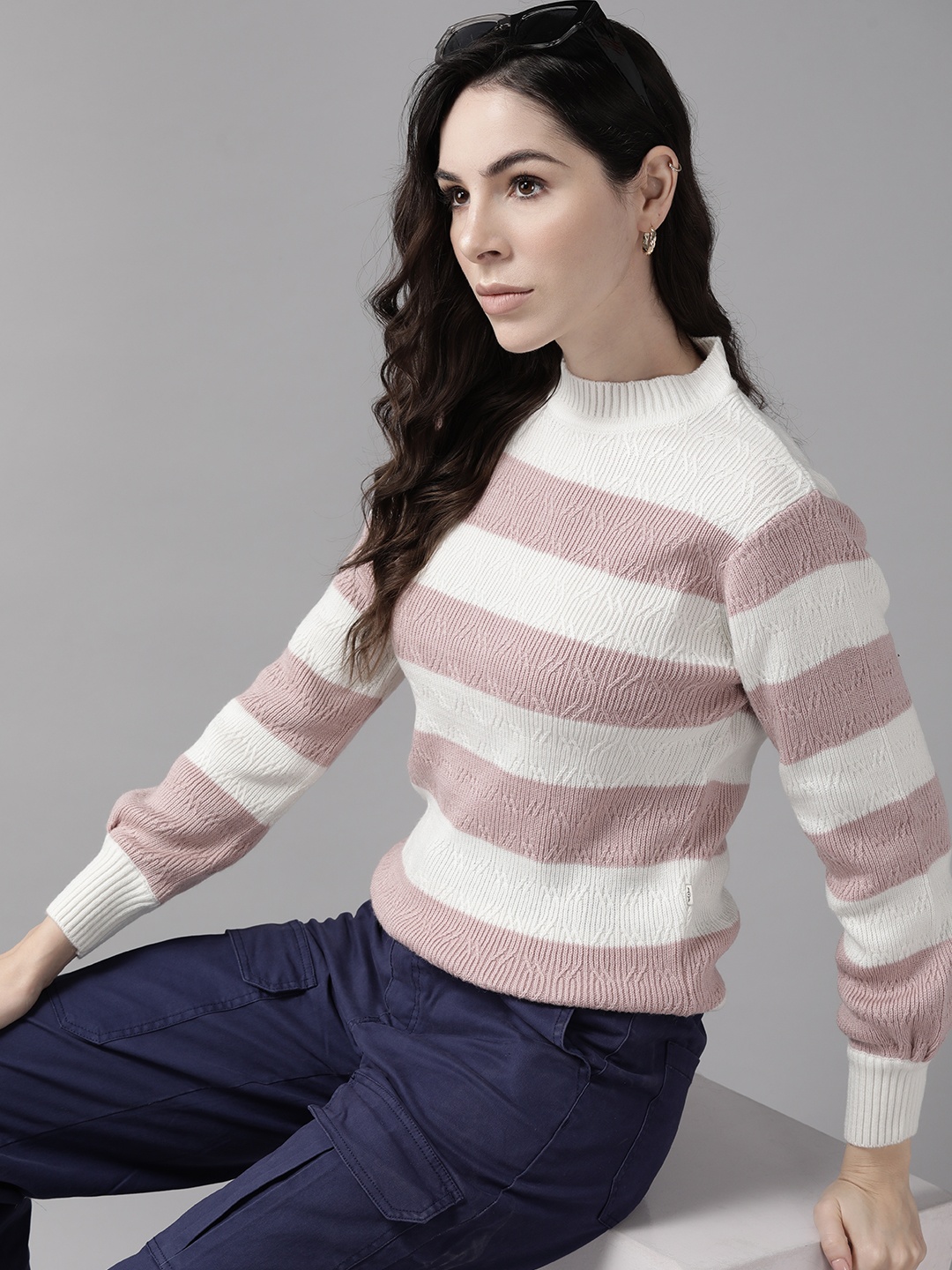

The Roadster Lifestyle Co. Self Design Striped Acrylic Pullover, White