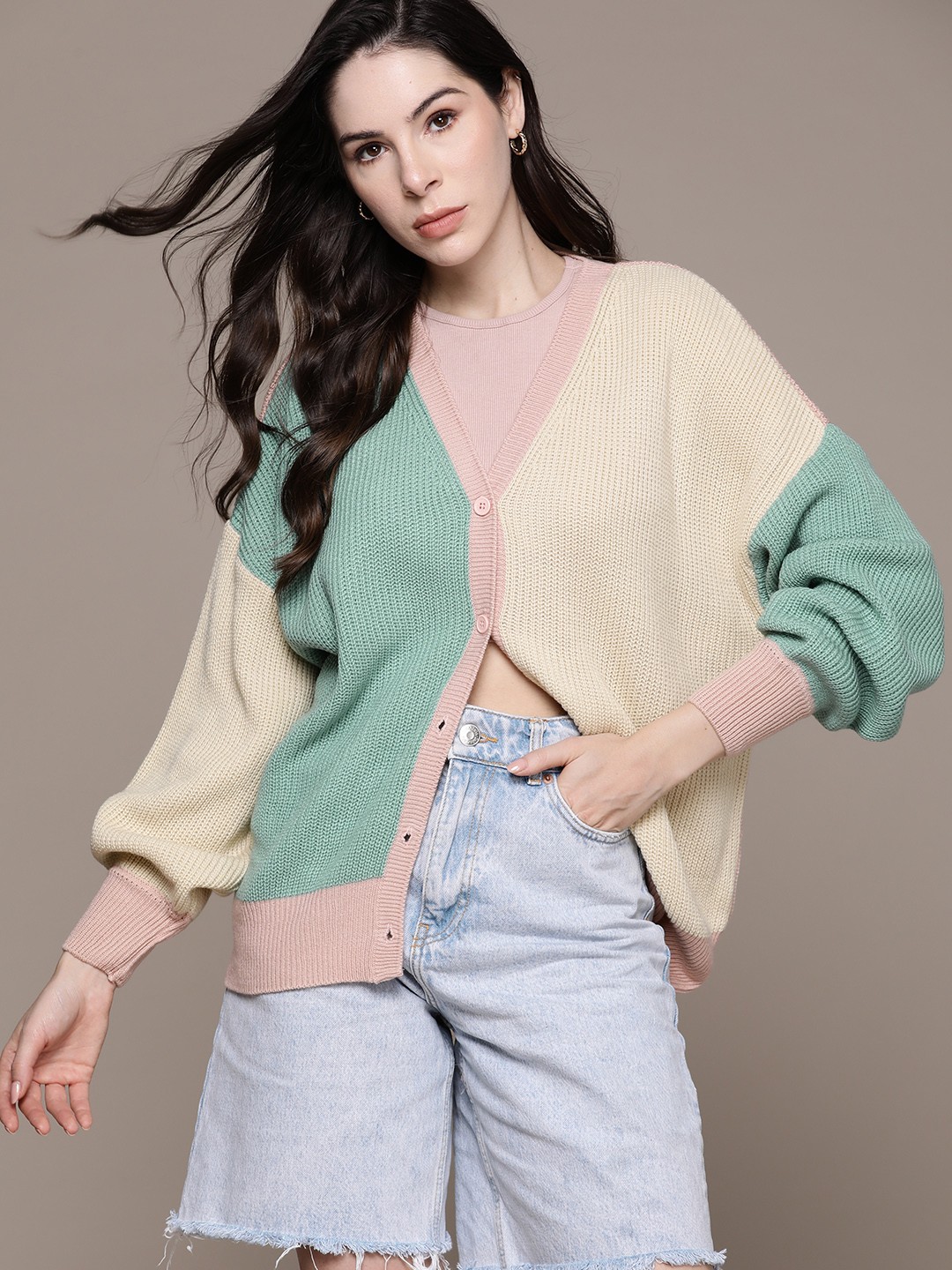 

The Roadster Lifestyle Co. Colourblocked Acrylic Cardigan, Beige