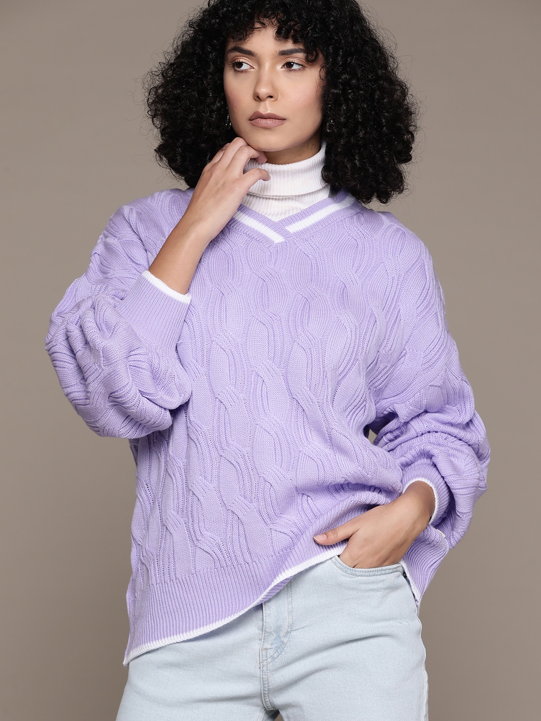 

The Roadster Lifestyle Co. Acrylic Cable Knit Oversized Pullover, Lavender