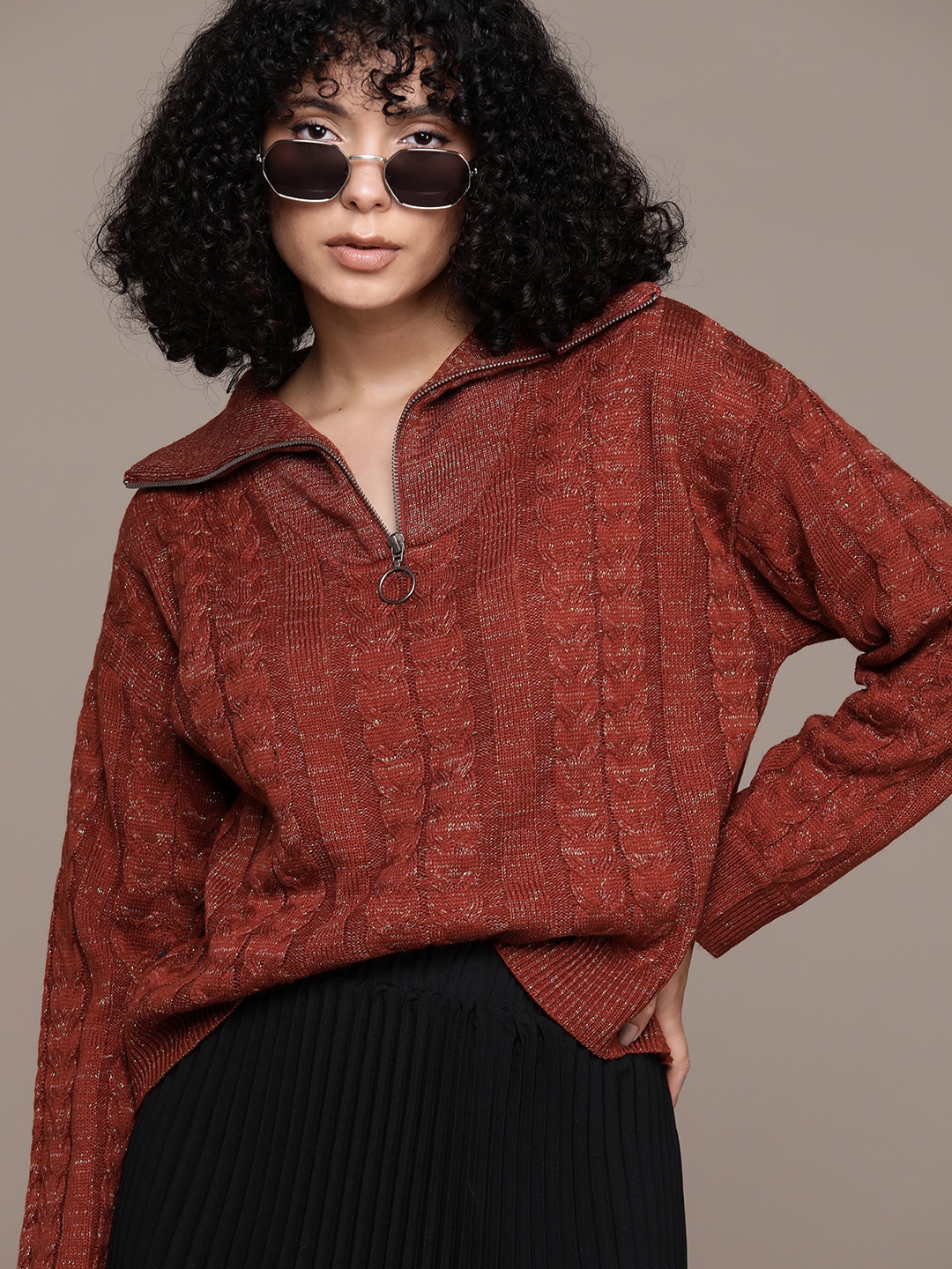 

The Roadster Lifestyle Co. Shimmery Cable Knit Pullover, Rust