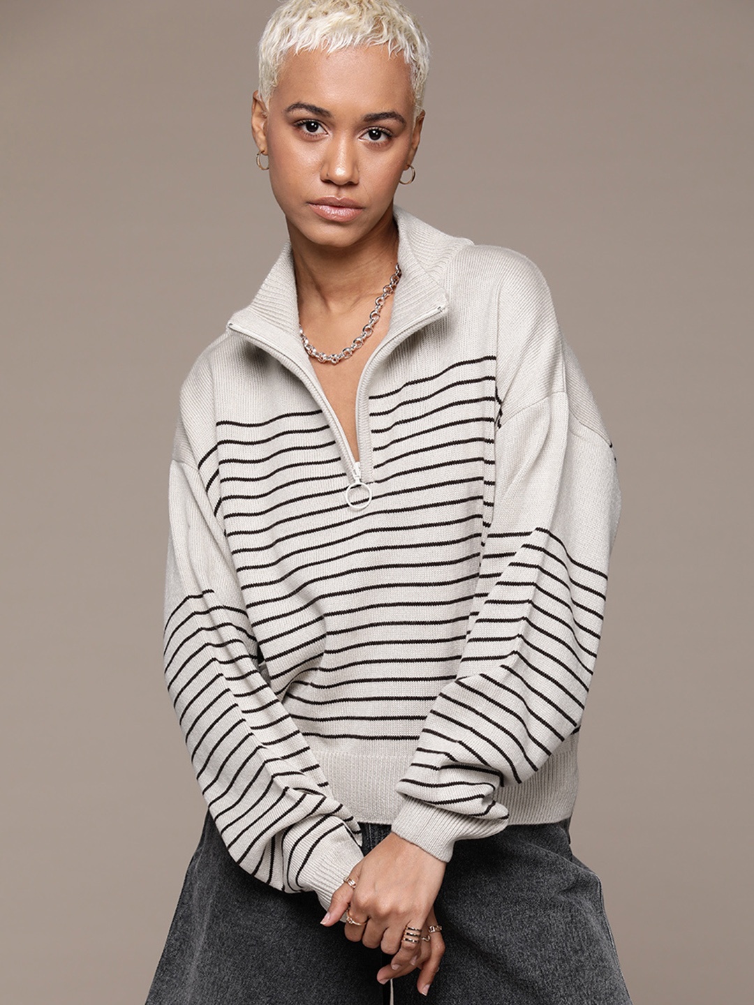 

The Roadster Lifestyle Co. Mock Collar Drop-Full Sleeves Striped Pullover, Beige