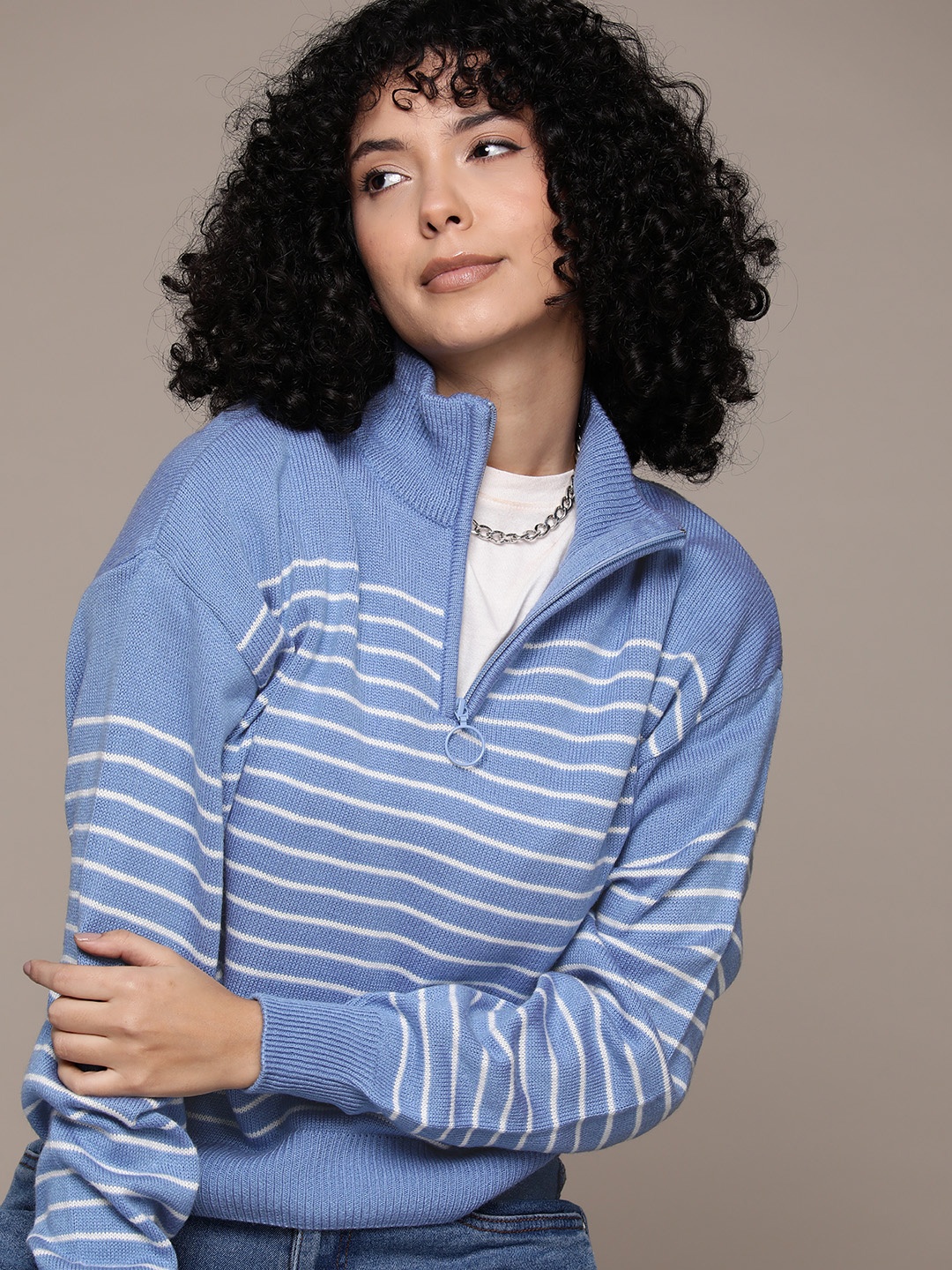 

The Roadster Lifestyle Co. Mock Collar Drop-Full Sleeves Striped Pullover, Blue