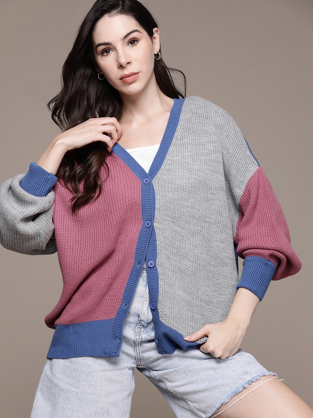 

The Roadster Lifestyle Co. Colourblocked Acrylic Cardigan, Grey