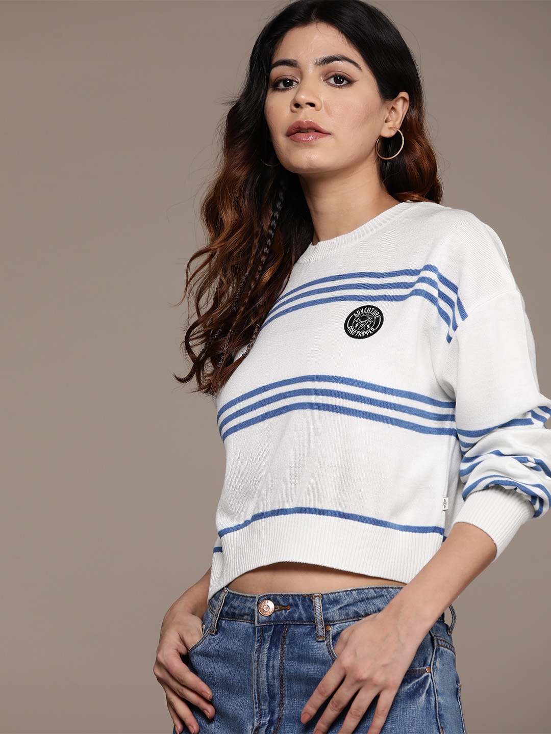 

The Roadster Lifestyle Co. Drop-Shoulder Sleeves Striped Pullover, White