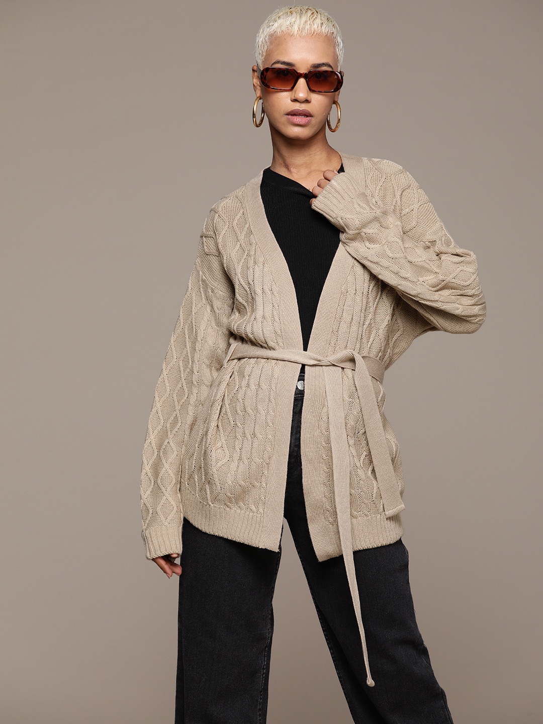 

The Roadster Lifestyle Co. Cable Knit Longline Front-Open Sweater with Belted Detail, Brown