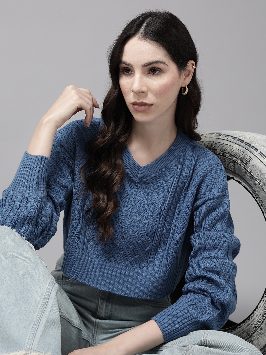 

The Roadster Lifestyle Co. Cable Knit Acrylic Crop Pullover, Blue