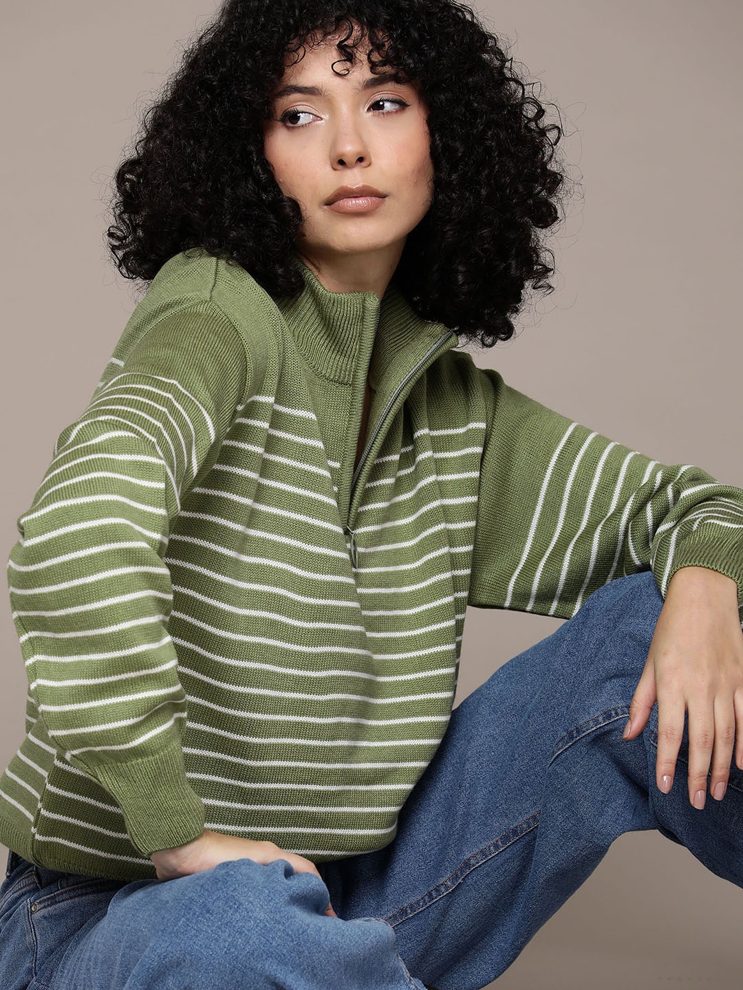 

The Roadster Lifestyle Co. Mock Collar Drop-Full Sleeves Striped Pullover, Green