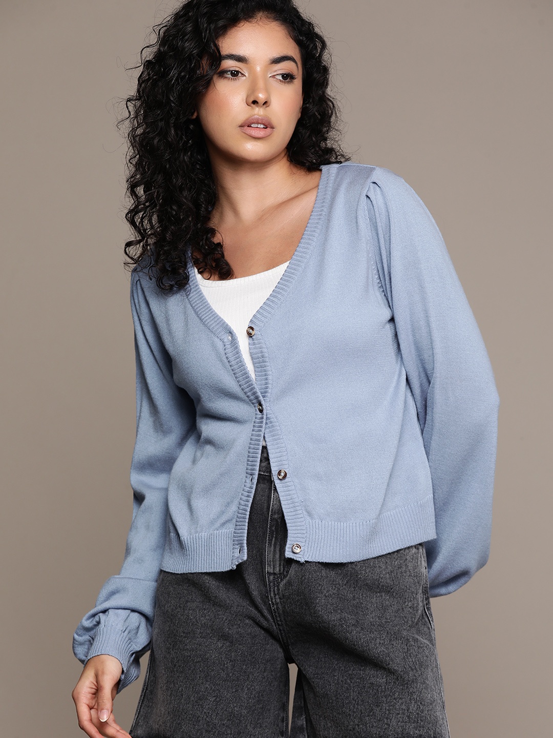 

The Roadster Lifestyle Co. Solid Puff Sleeves Front-Open Acrylic Cardigan, Blue
