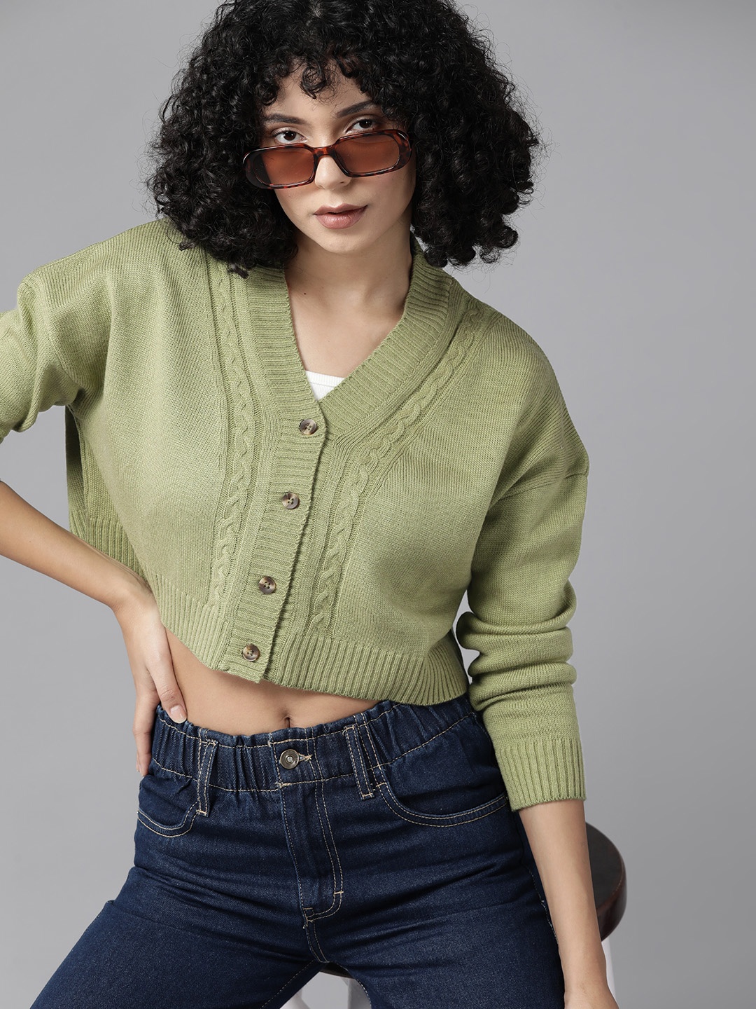 

The Roadster Lifestyle Co. Cable Knit Crop Cardigan, Green