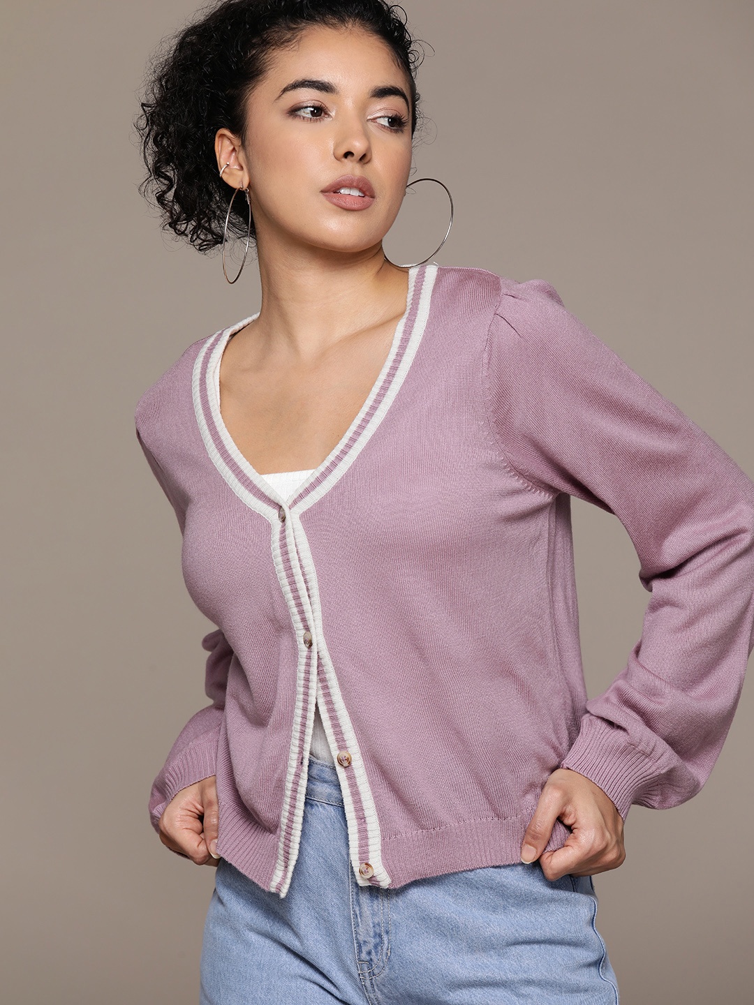 

The Roadster Lifestyle Co. Contrast Tipping Pure Acrylic Cardigan, Mauve