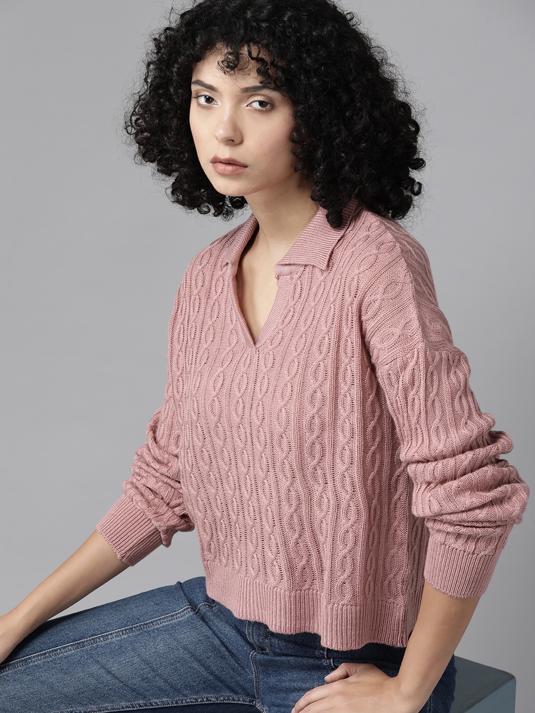 

The Roadster Lifestyle Co. Cable Knit Shirt Collar Crop Pullover, Pink