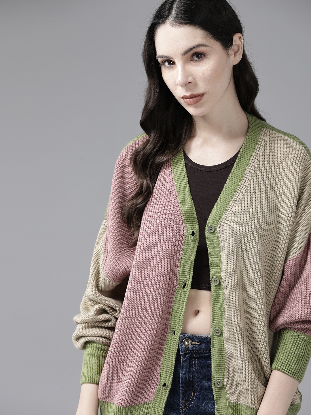 

The Roadster Lifestyle Co. Colourblocked V-Neck Cardigan, Beige