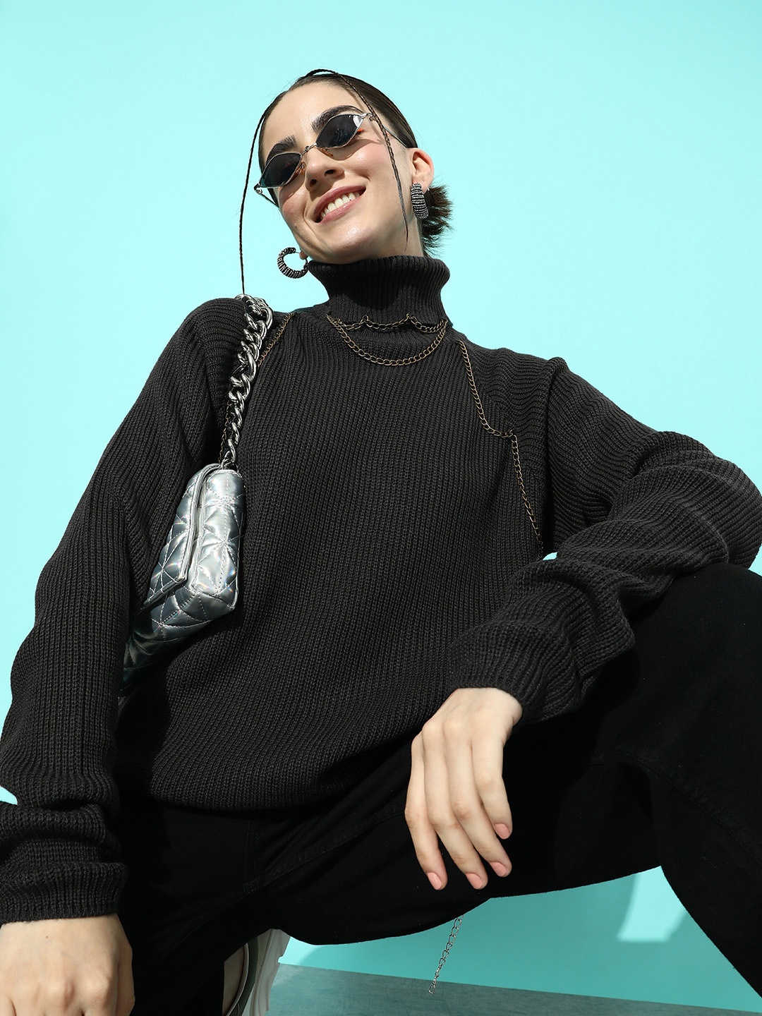 

The Roadster Life Co. Self Design Open Knit Turtle Neck Pullover Sweater With Chain Detail, Grey