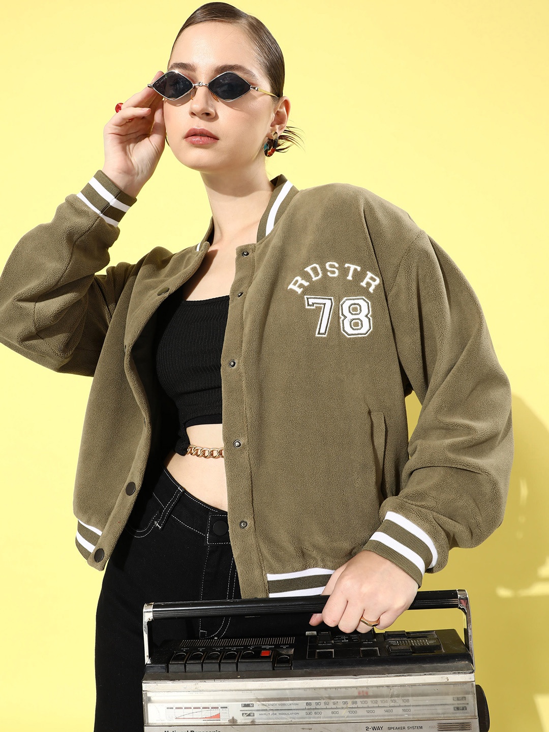 The Roadster Life Co. Typography Embroidered Varsity Jacket, Olive