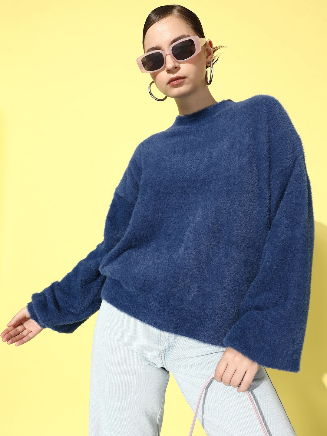 

The Roadster Life Co. Fuzzy Detail Long Sleeves Pullover Sweater, Navy blue