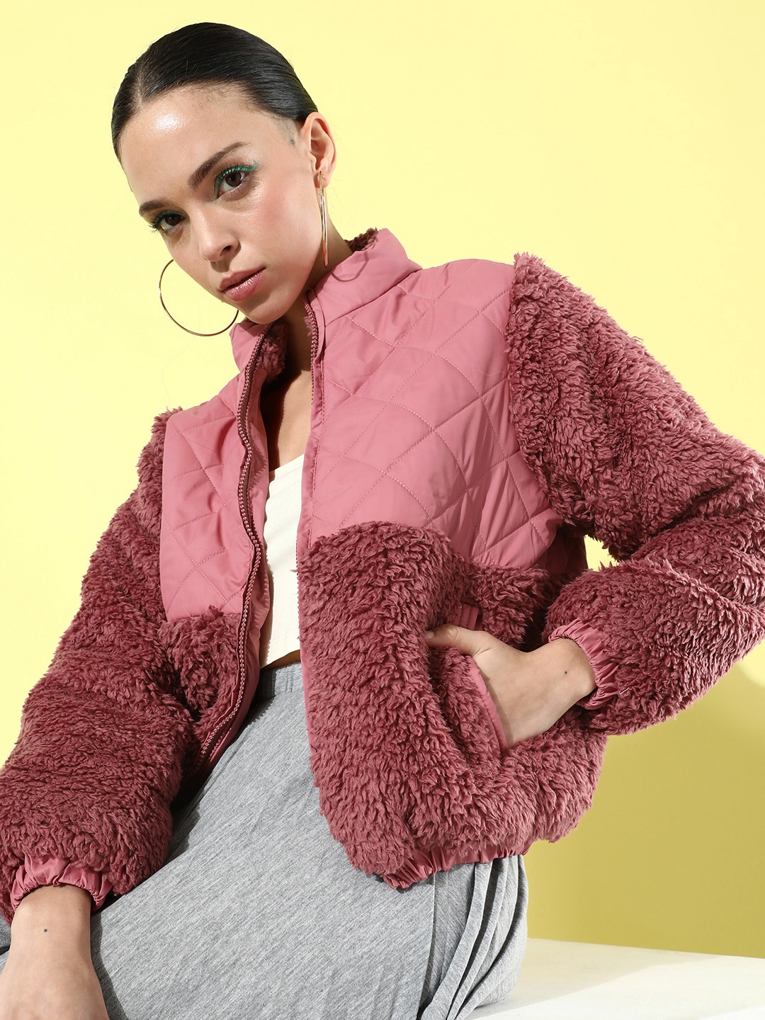 

The Roadster Life Co. December-Frosty Winters Soft Textures Sherpa Puffer Jacket, Pink