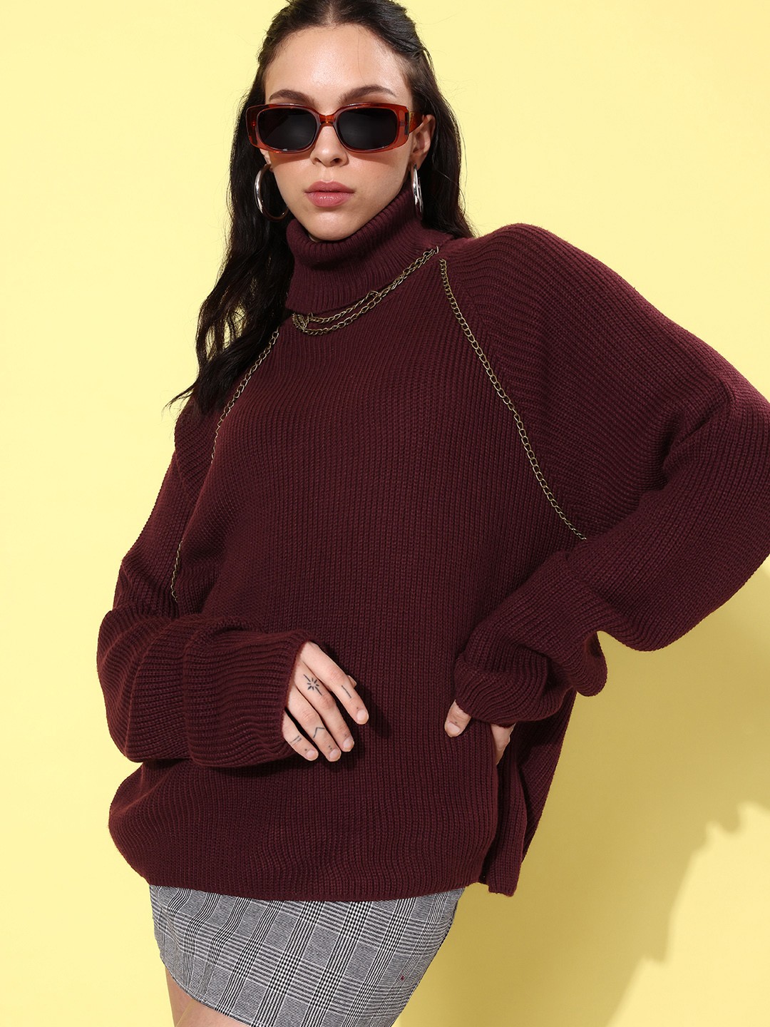 

The Roadster Life Co. Turtle Neck Knitted Pullover Sweater With Chain Detail, Burgundy