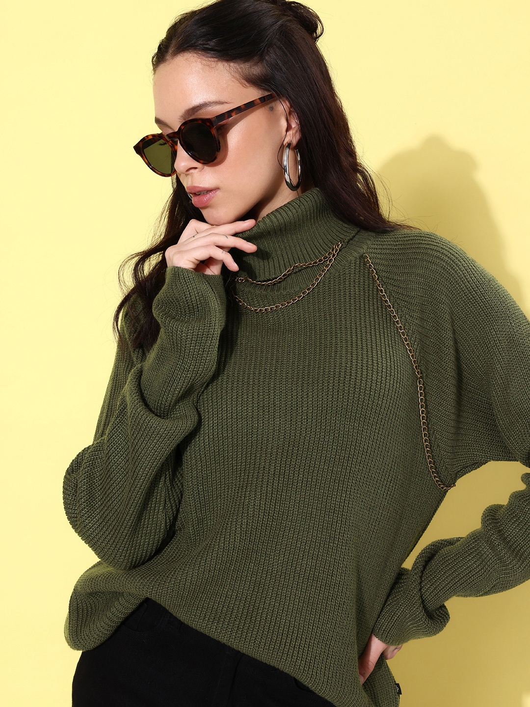 

The Roadster Life Co. Turtle Neck Knitted Pullover Sweater With Chain Detail, Olive