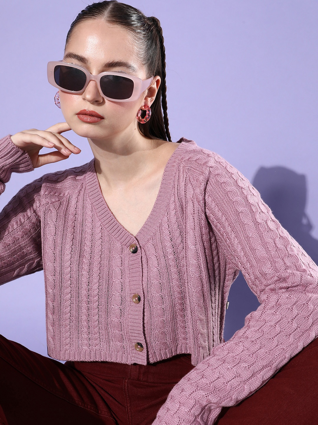 

The Roadster Life Co. Ultra Cropped Layers Cable Knit Cardigan, Mauve