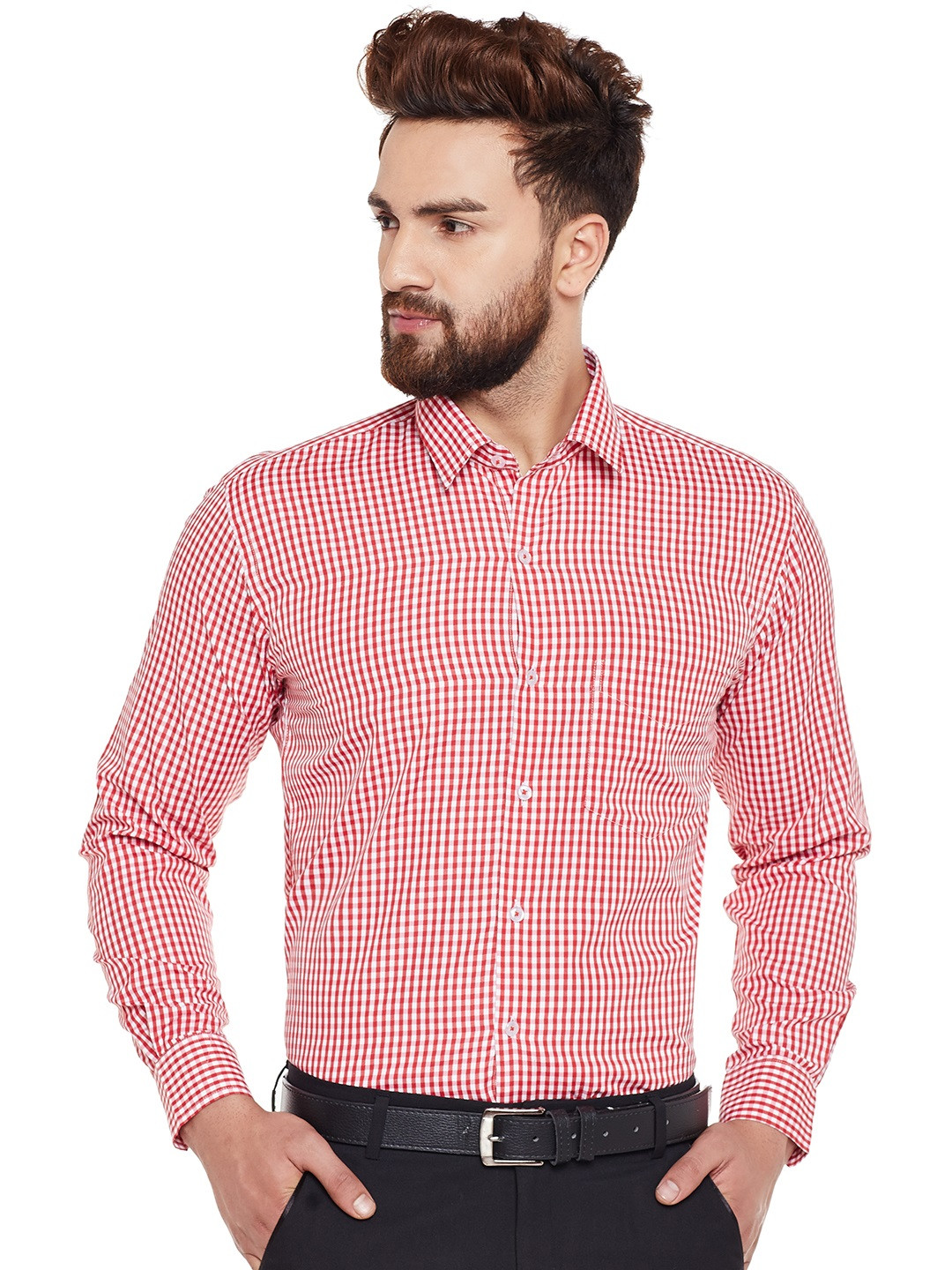 

Hancock Men Red & White Slim Fit Checked Formal Shirt