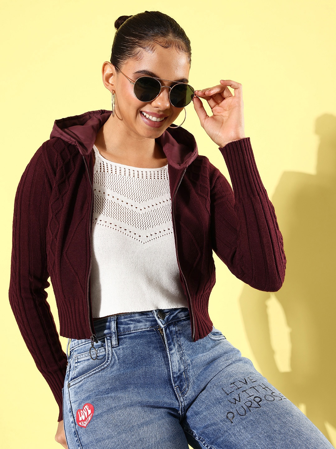 

The Roadster Life Co. Cable Knit Hooded Crop Front-Open Sweater, Maroon