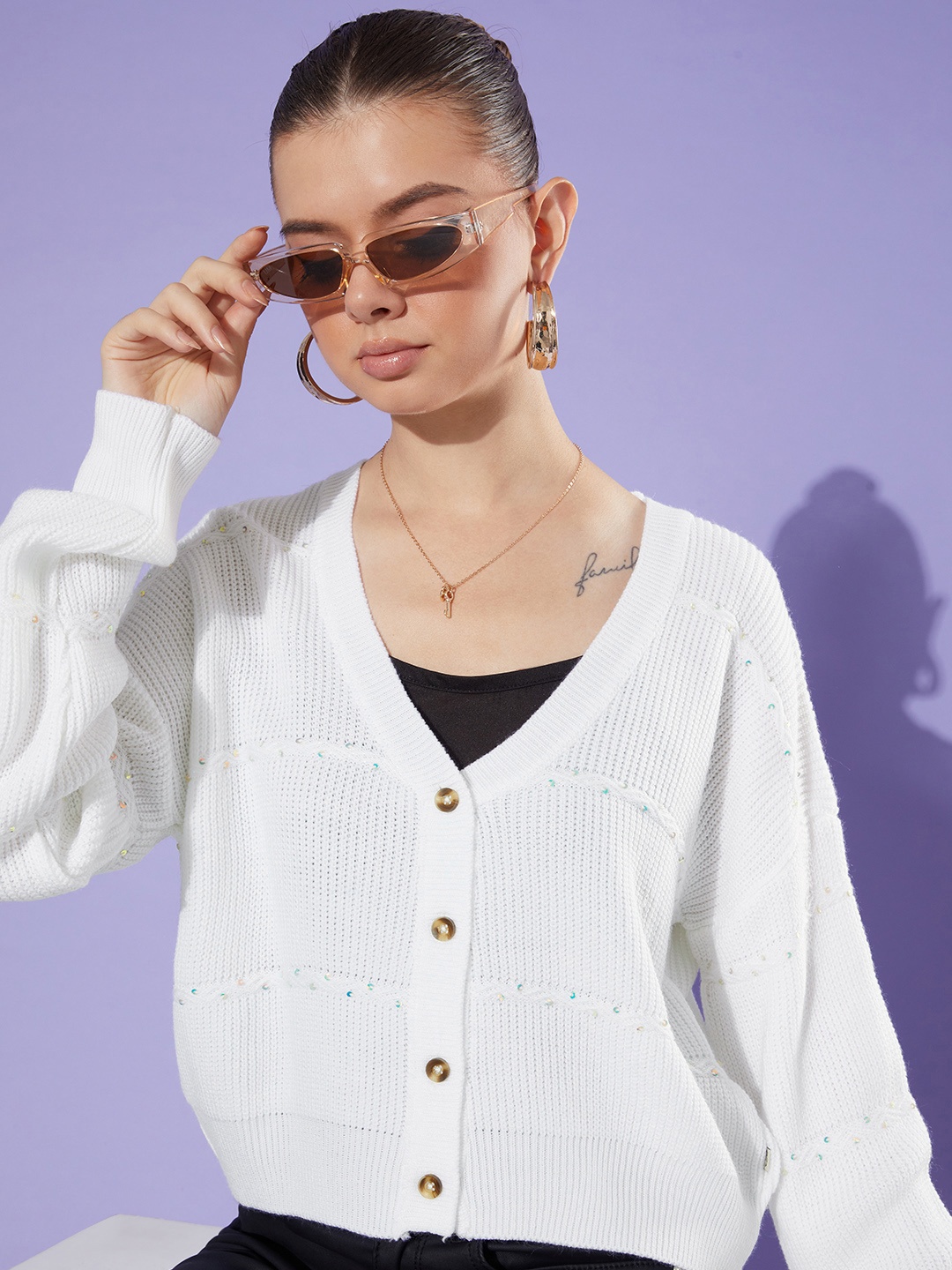 

The Roadster Life Co. Solid V-Neck Cardigan with Sequin Detail, White