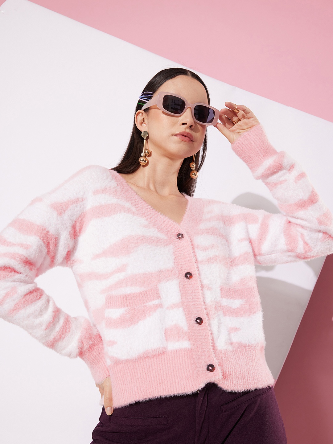 

The Roadster Life Co. Striped Cardigan Sweater with Fuzzy Detail, Pink