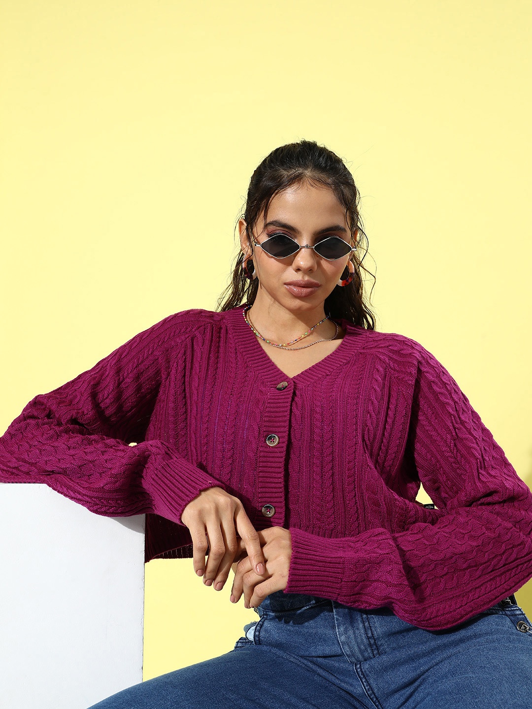 

The Roadster Life Co. Cable Knit Crop Cardigan, Magenta
