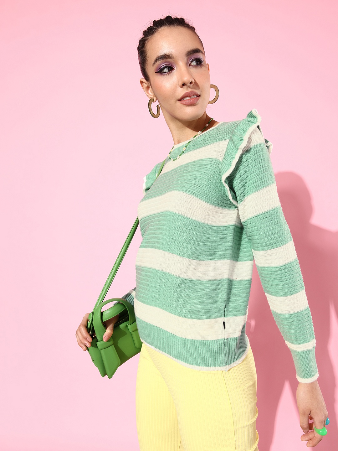

The Roadster Life Co. Striped Pullover Sweater With Ruffle Detail, Sea green