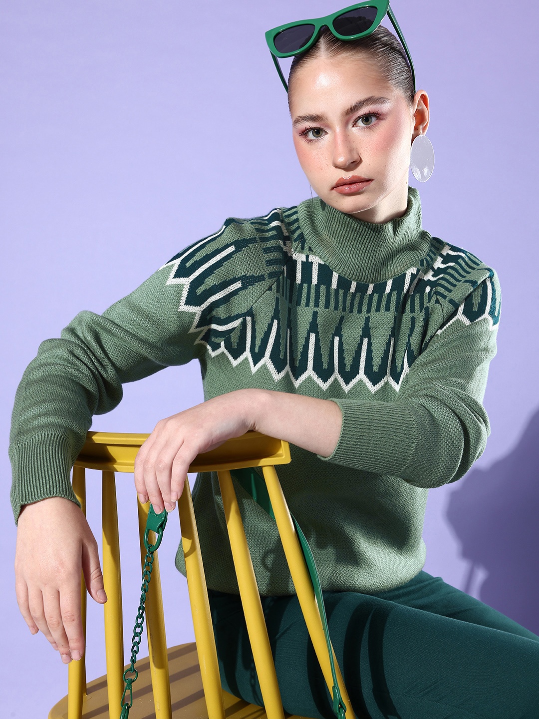 

The Roadster Life Co. September Hello Monsoon Bizz Hybrids Geometric Self Design Pullover, Green
