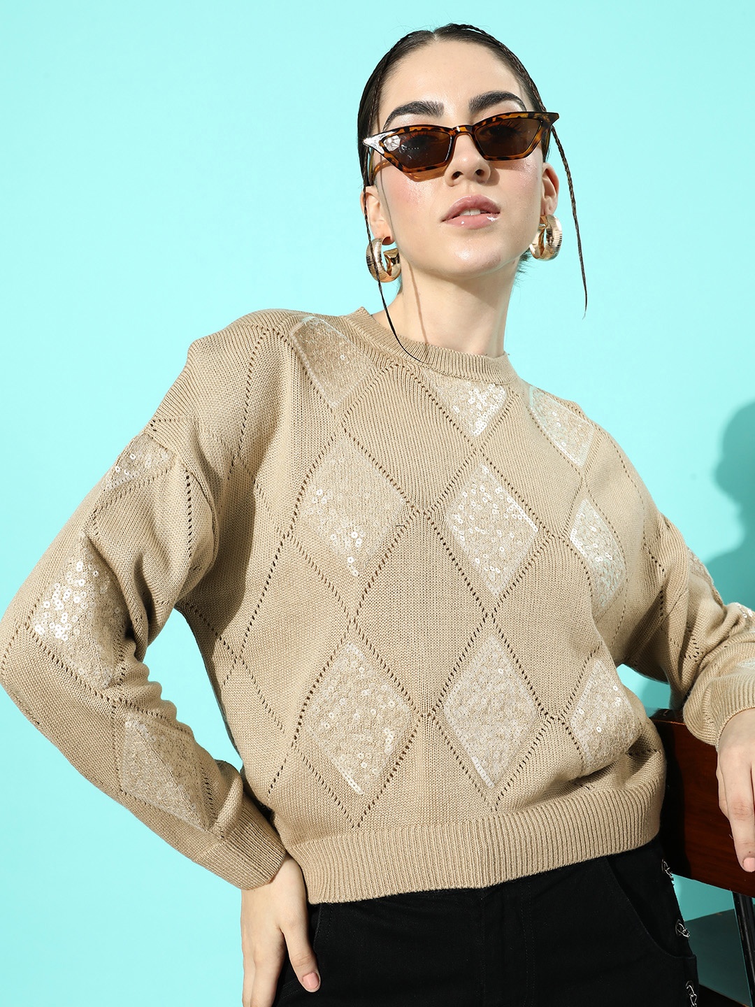 

The Roadster Life Co. Self Design Open Knit Sequinned Pullover Sweater, Beige