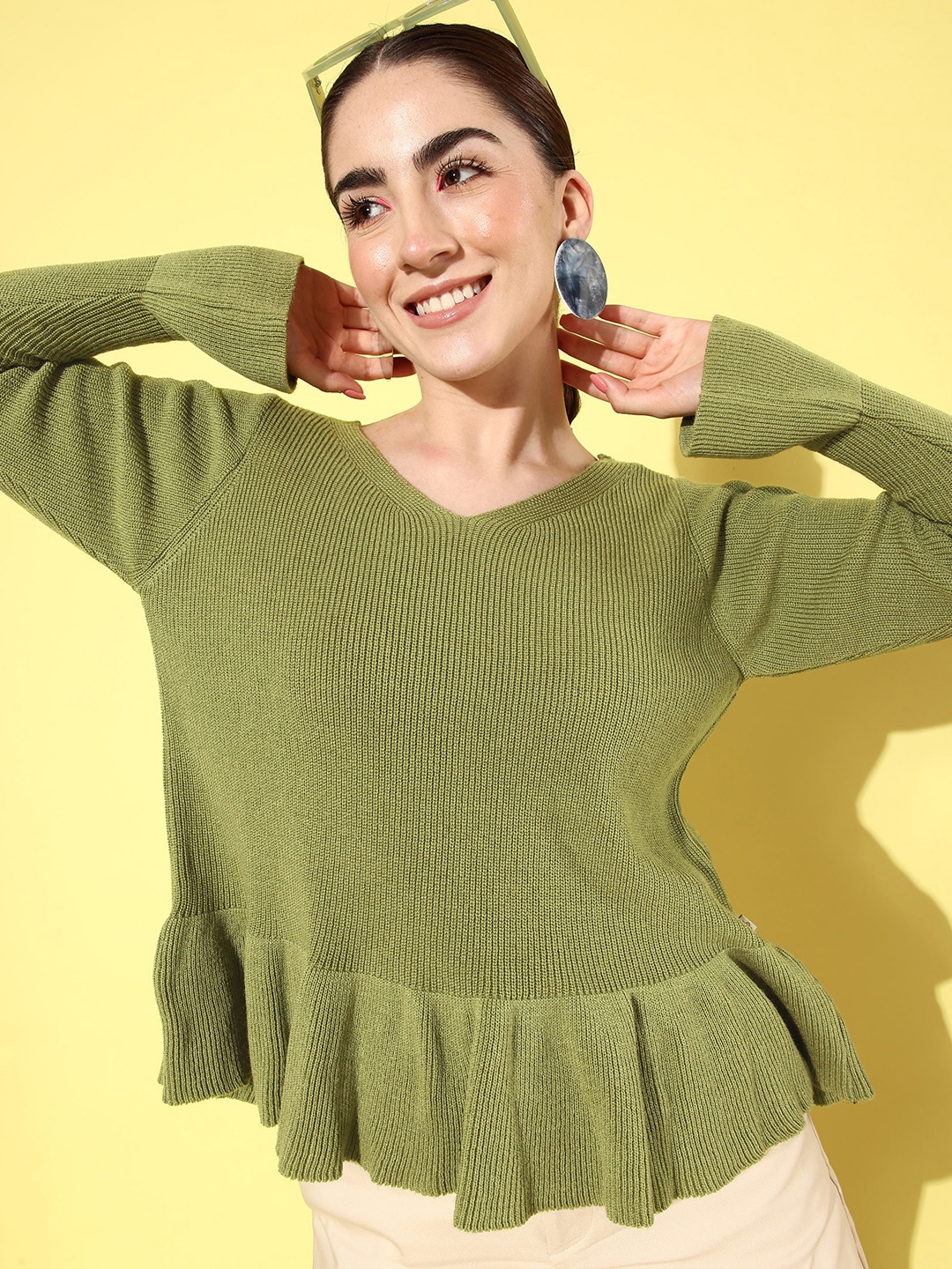 

The Roadster Life Co. V-Neck Peplum Style Pullover, Olive