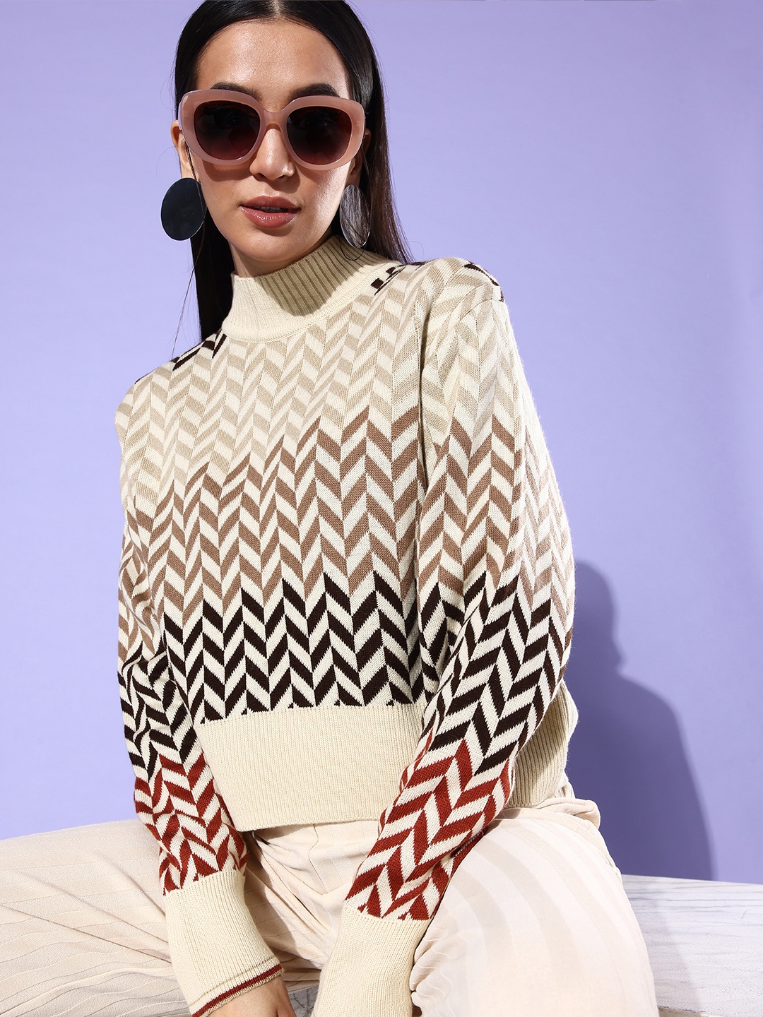 

The Roadster Life Co. Self Design Geometric High Neck Pullover Sweater, Beige