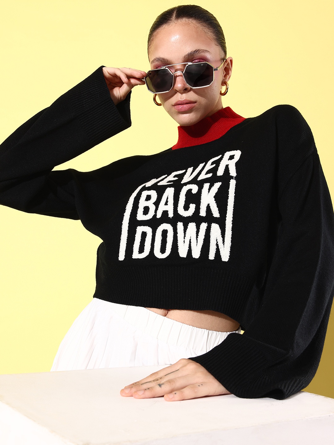 

The Roadster Lifestyle Co. Women Typography Printed Crop Pullover, Black
