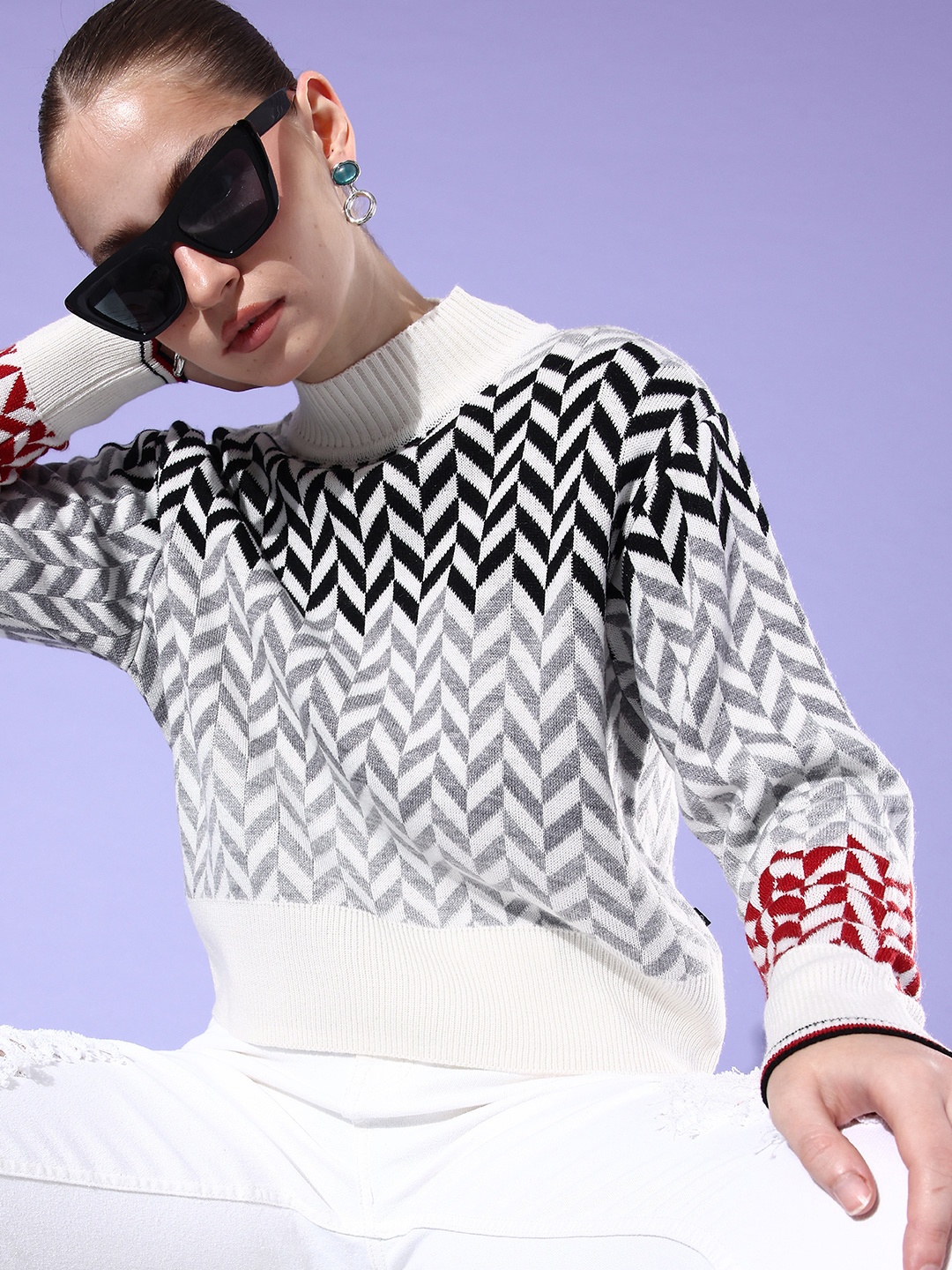 The Roadster Life Co. Self Design Geometric High Neck Pullover Sweater, Black