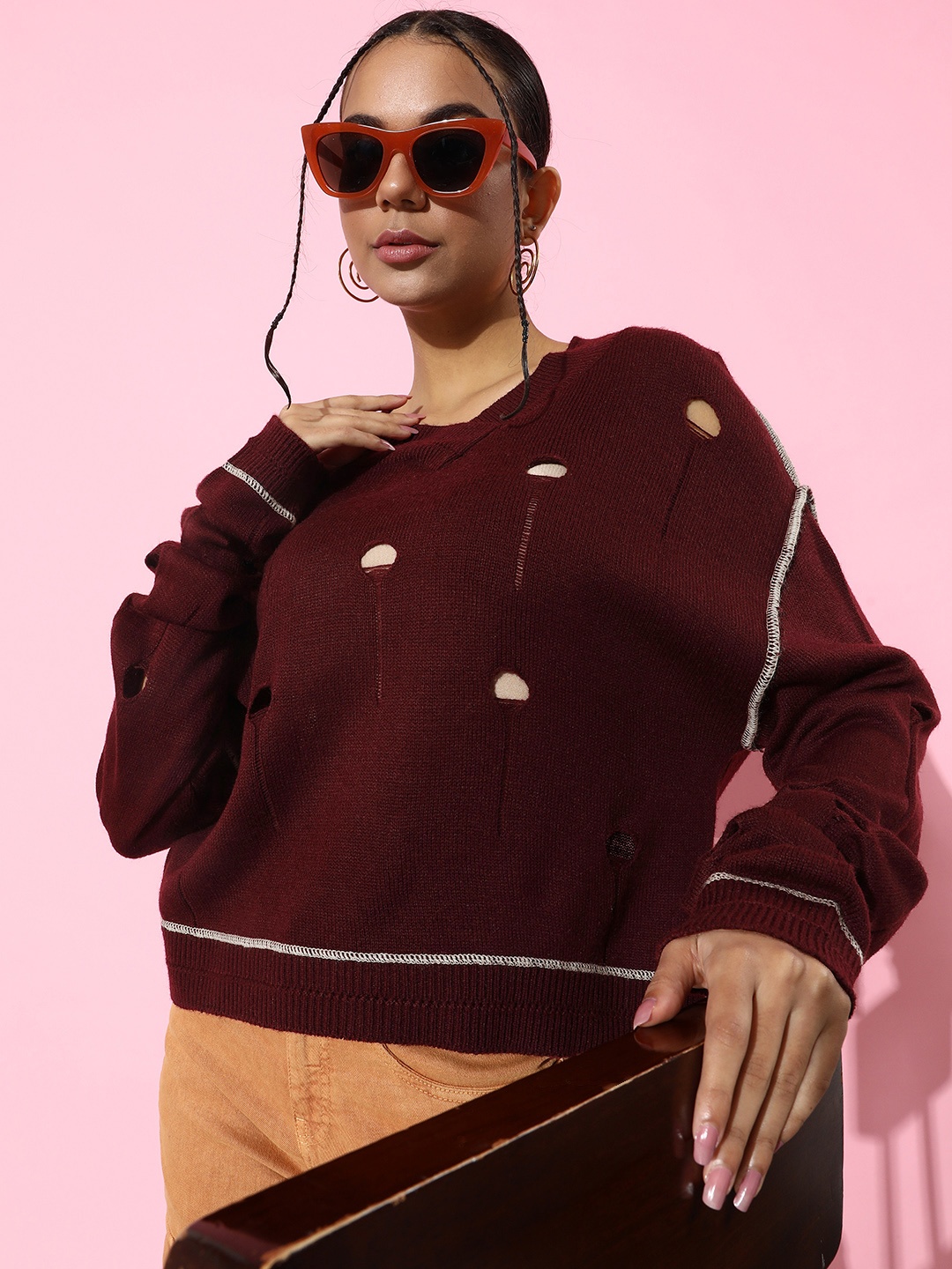 

The Roadster Lifestyle Co. Women Cut Outs Pullover, Maroon