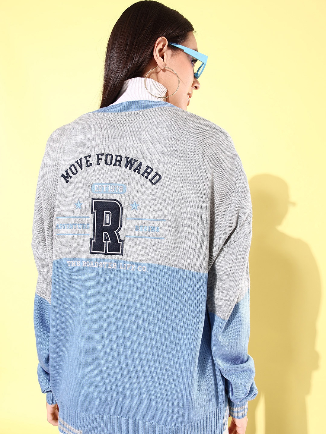 

The Roadster Life Co. Colourblocked Longline Cardigan with Embroidered Detail, Blue