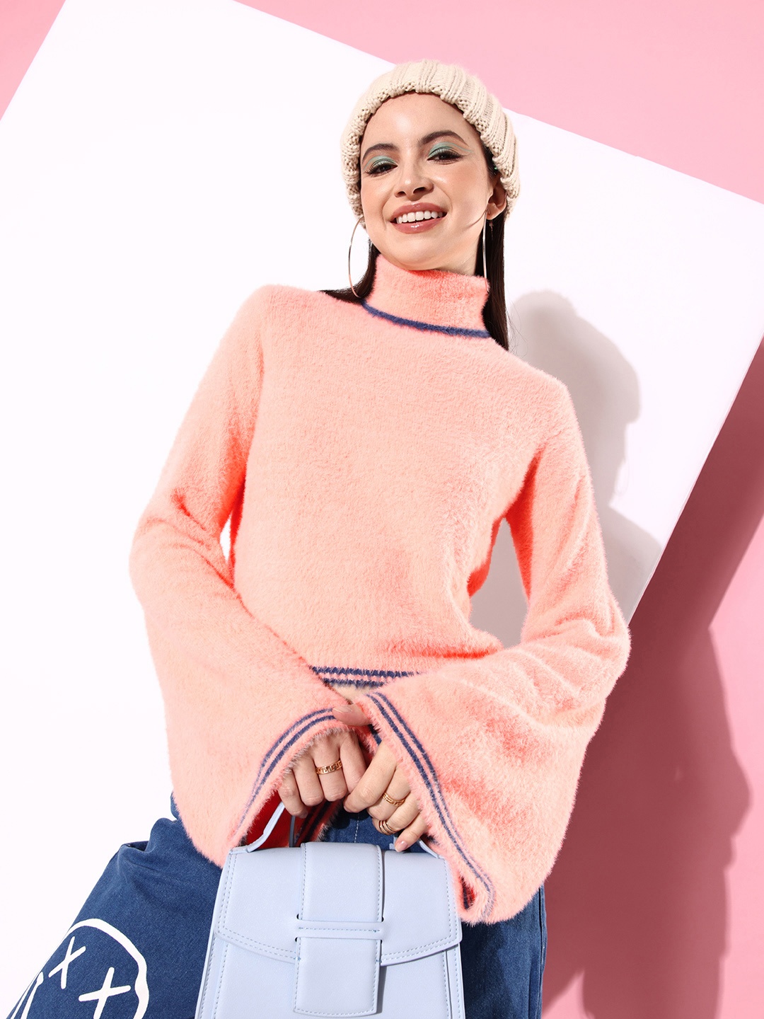 

The Roadster Life Co. Solid Crop Pullover Sweater with Fuzzy Detail, Peach