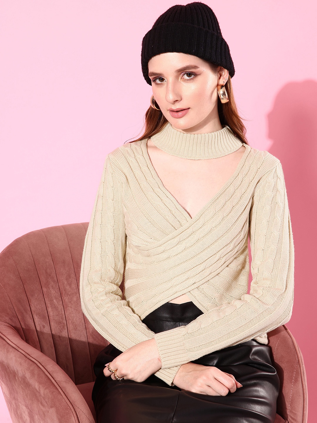 

The Roadster Lifestyle Co. Women Cable Knit Pullover, Beige