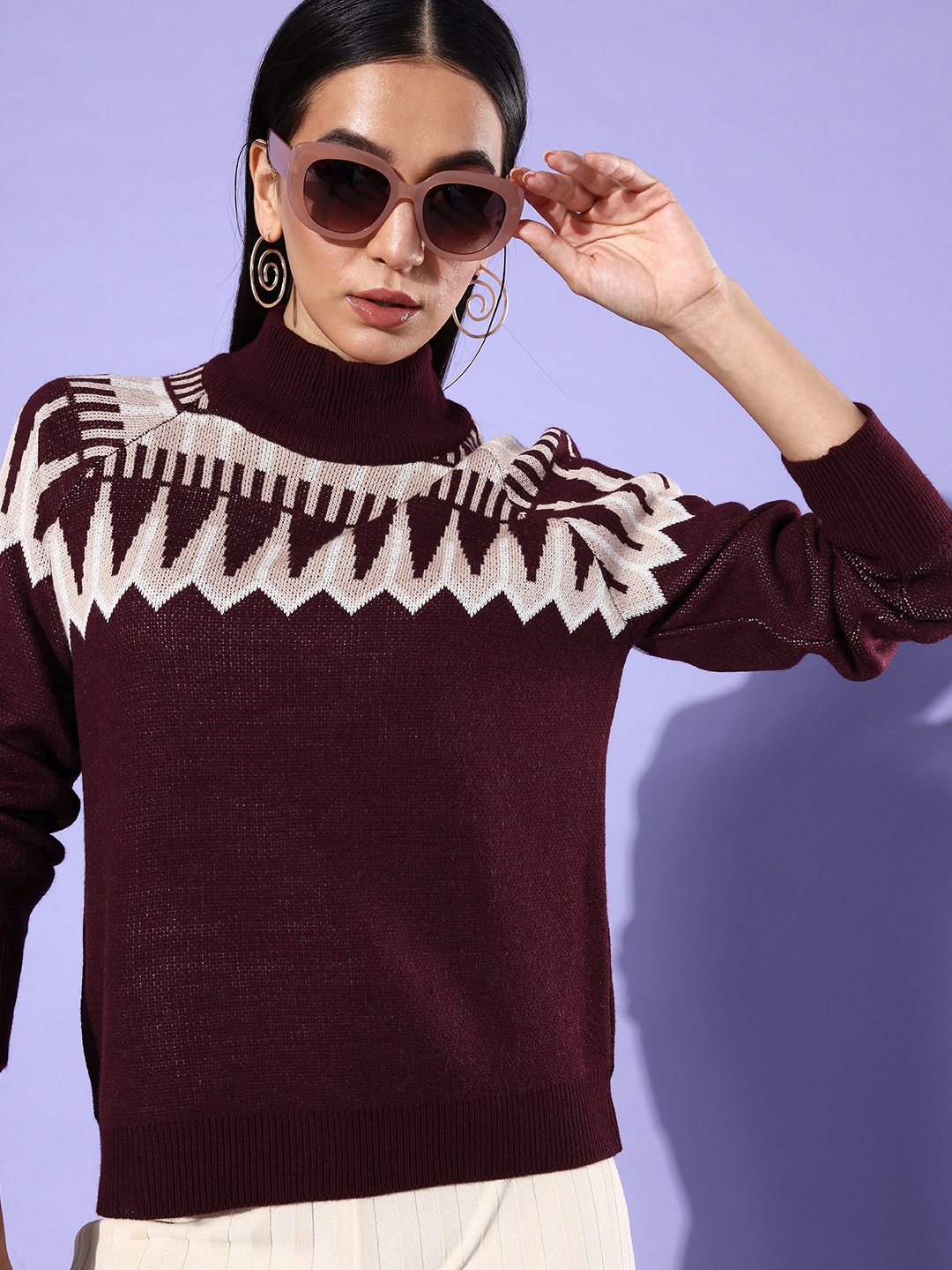 

The Roadster Life Co. September Hello Monsoon Bizz Hybrids Geometric Self Design Pullover, Maroon