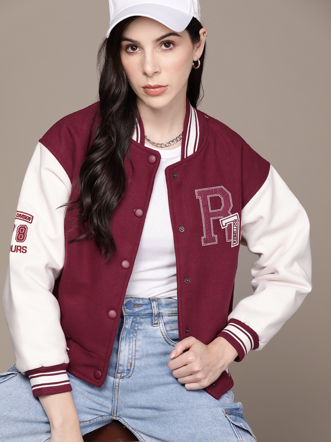 

The Roadster Lifestyle Co. Solid Applique Detailed Drop-Shoulder Sleeves Varsity Jacket, Maroon