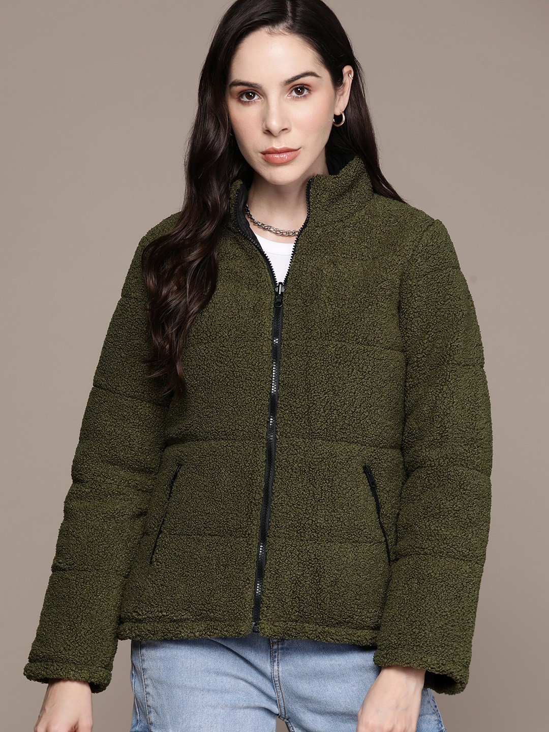 

The Roadster Lifestyle Co. Solid Reversible Sherpa Padded Jacket, Olive