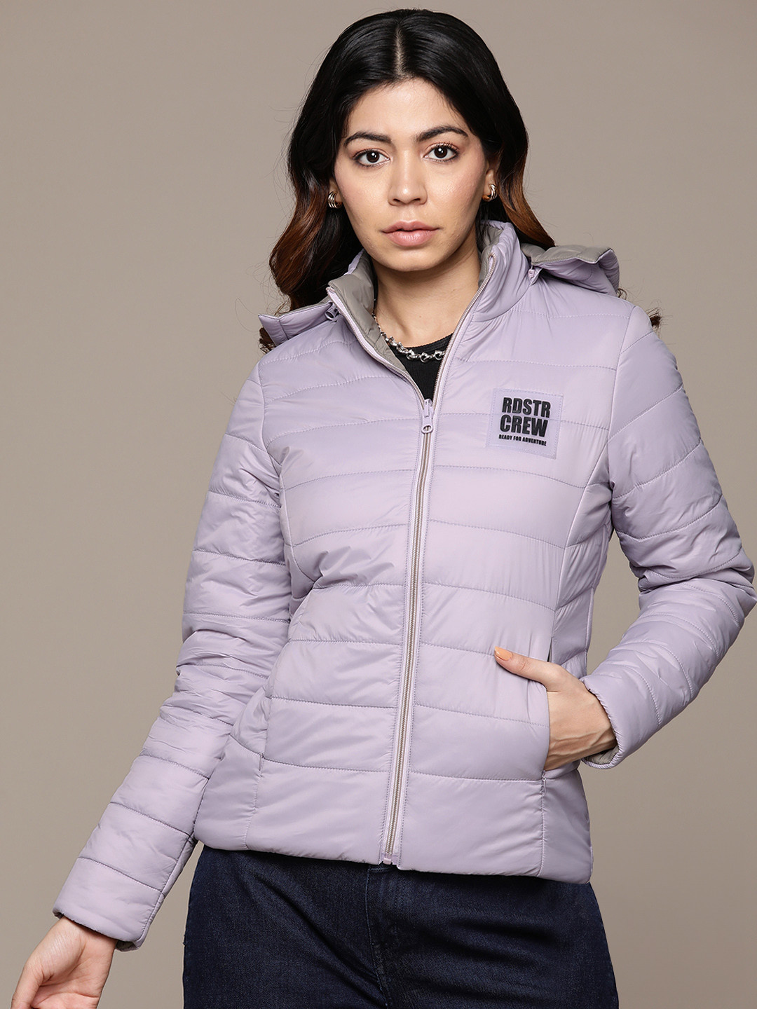 

The Roadster Lifestyle Co. Solid Reversible Detachable Hood Padded Jacket, Lavender