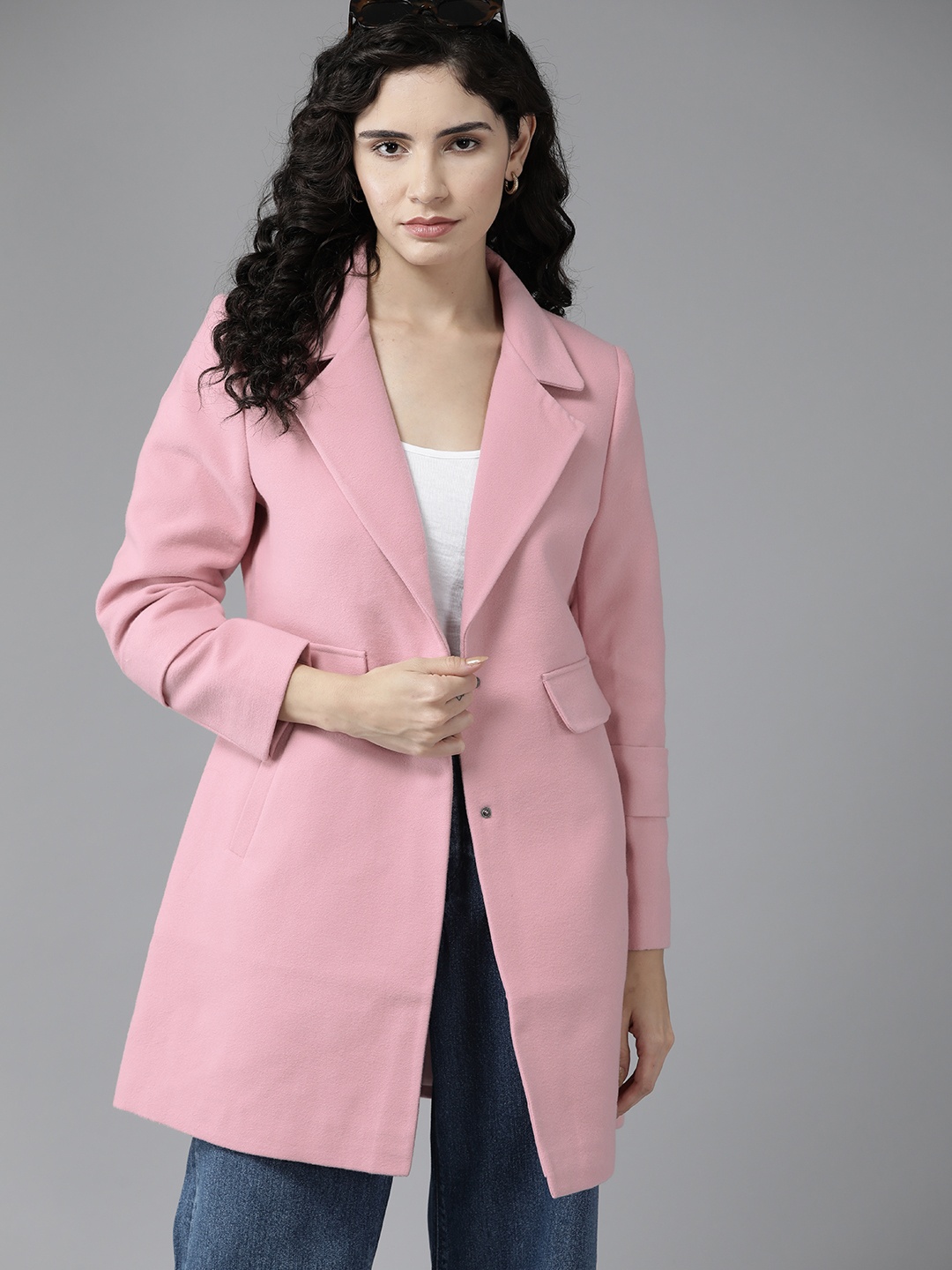 

The Roadster Lifestyle Co. Notched Lapel Collar Longline Open Front Jacket, Pink