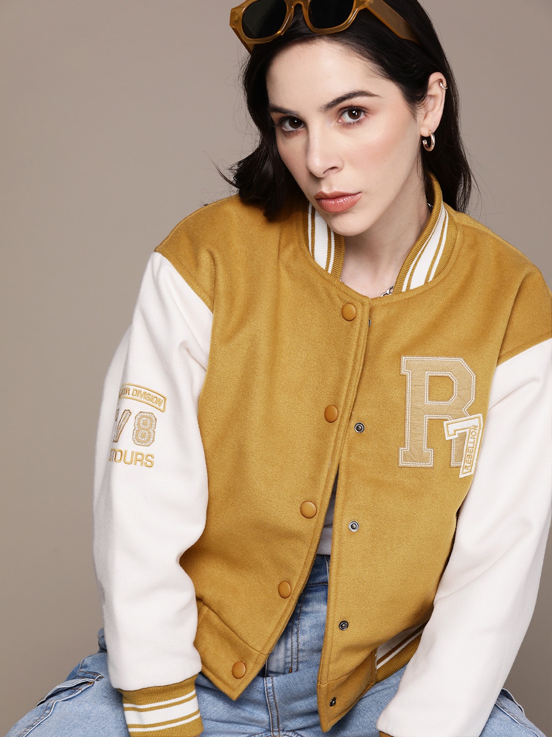 

The Roadster Lifestyle Co. Solid Applique Detailed Drop-Shoulder Sleeves Varsity Jacket, Mustard