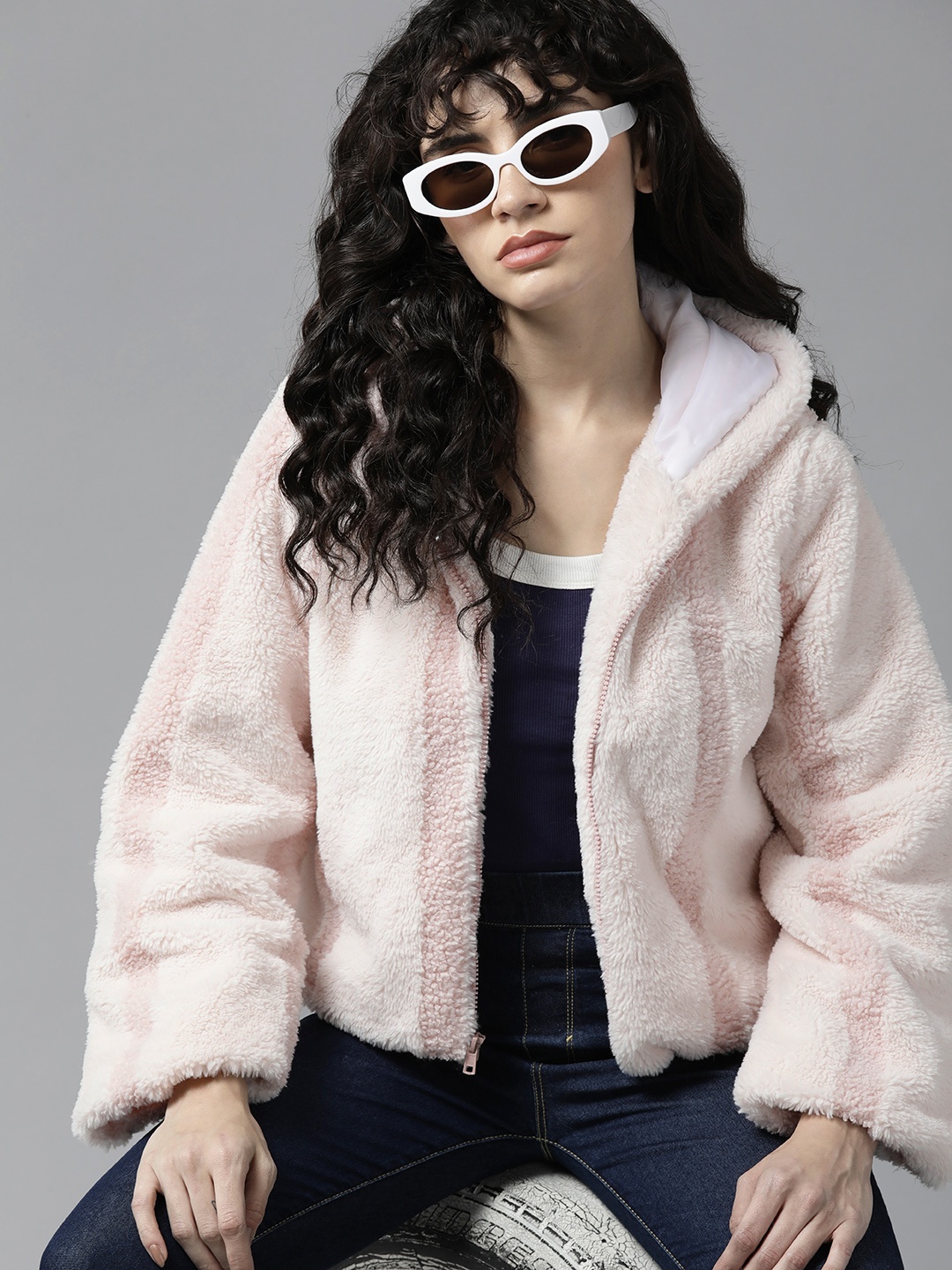 

The Roadster Lifestyle Co. Women Striped Faux Fur Hooded Tailored Jacket, Pink