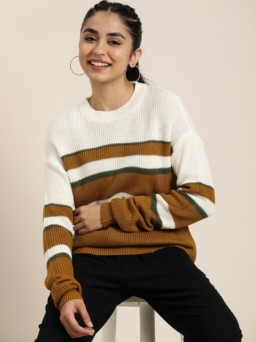 

HERE&NOW Striped Pullover Sweater, White